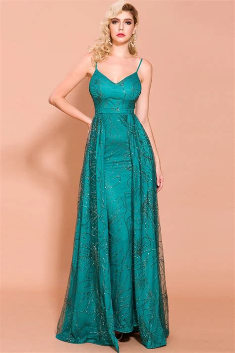 Sexy Spaghetti Straps Sequins Prom Dress Long With Overskirt