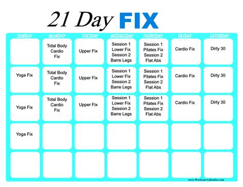 Download Print The Day Fix Workout Calendar