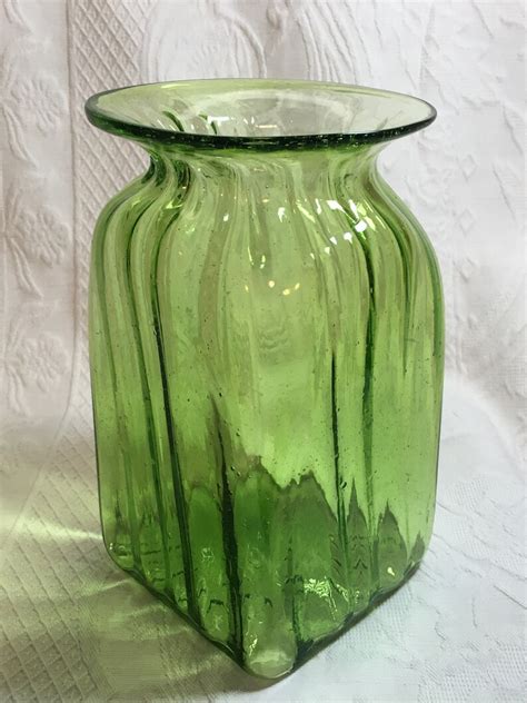 Hand Blown Green Glass Ribbed Vase With Bubbles Green Art Etsy