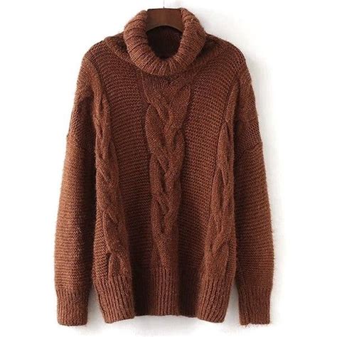 Brown One Size Turtleneck Textured Cable Knit Sweater 15 Liked On