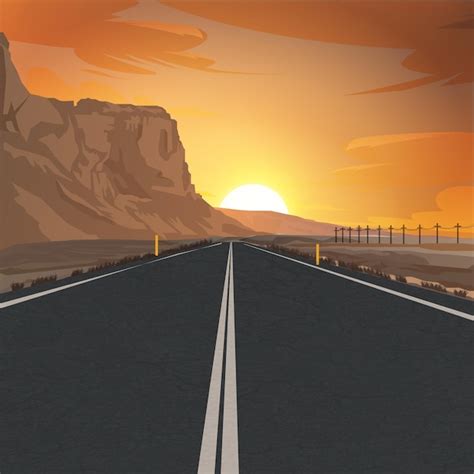 Premium Vector Road Desert Straight At Sunset Vector Illustration