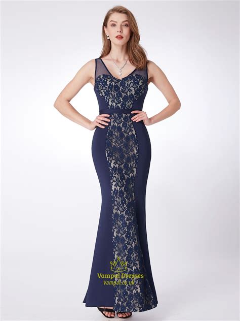 Navy V Neck Sleeveless Floor Length Sheath Prom Dress With Lace Vampal Dresses