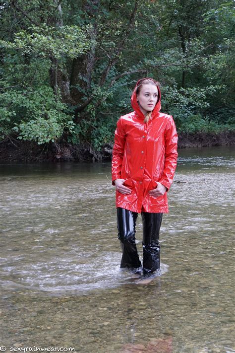 Red Raincoat Vinyl Raincoat Rain Fashion Asics Sneakers Waders