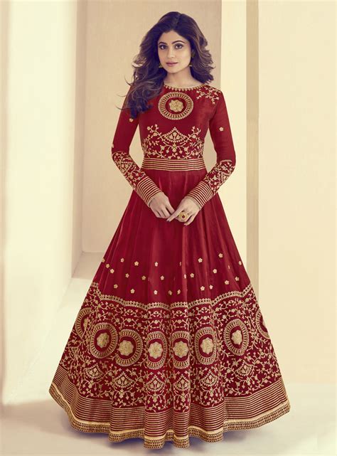 Shamita Shetty Red Silk Wedding Anarkali Suit