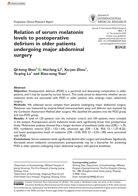 Pdf Relation Of Serum Melatonin Levels To Postoperative Delirium In