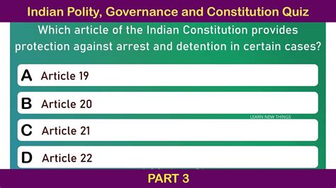 Indian Polity Governance And Constitution Quiz Part 3 India GK