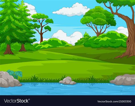 Forest Scene With Many Trees And River Illustration Download A Free