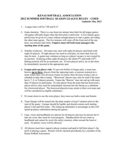 Coed Rules Kenai Softball