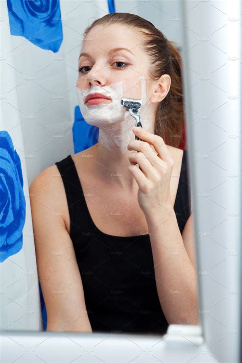 Funny Girl Shaving Her Face Containing Shaver Shaving And Foam People Images ~ Creative Market