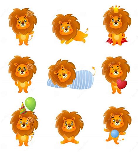 Set Of Cute Different Character Lion Poses And Emotion Stock Vector