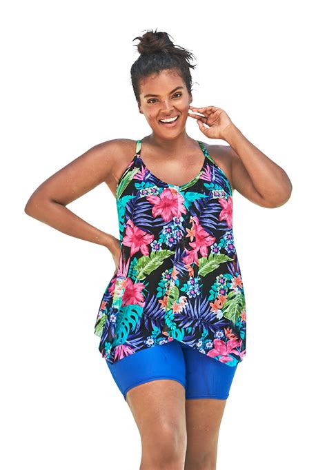Swimsuits For All Womens Plus Size Longer Length Mesh Tankini Top 20 Black Tropical Floral