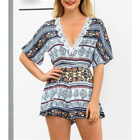 women playsuits rompers sexy v neck bohemian floral print shorts jumpsuits summer women beach