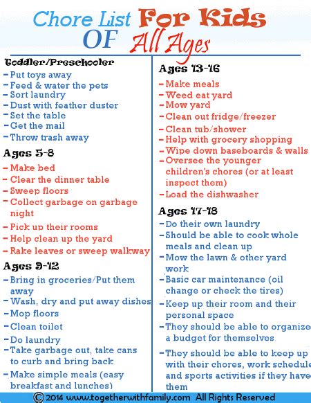 Free Chore List For Kids Of All Ages Teens Included