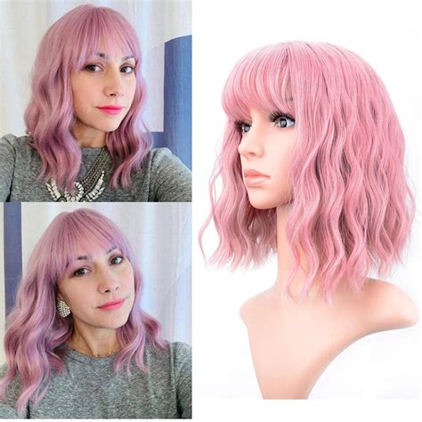 Rose Pink Wavy Bob Wig With Bangs Cosplay Wigs 12 Etsy