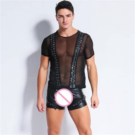 Sexy Men Gothic Mesh Pu Faux Leather Patchwork T Shirts Bandage Cool Men Night Tight Shirts