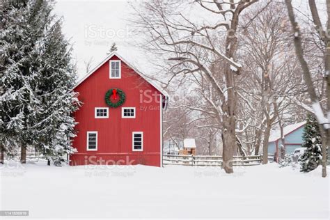 Red Barn In The Snow Rural Winter Scene Stock Photo Download Image