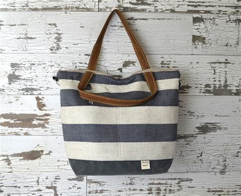 Linen Tote Bag Navy Blue Stripe Waterproof Outdoor Canvas Etsy