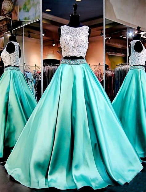 Ball Gown Sleeveless Open Back Mint Green Satin Lace Two Piece Prom Dress