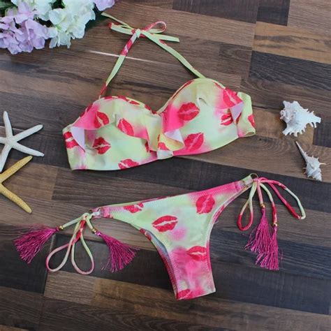 Lip Print Underwire Sexy Bikini Sets Swimwear Padded Halter String Bikinis Bathing Suit Low