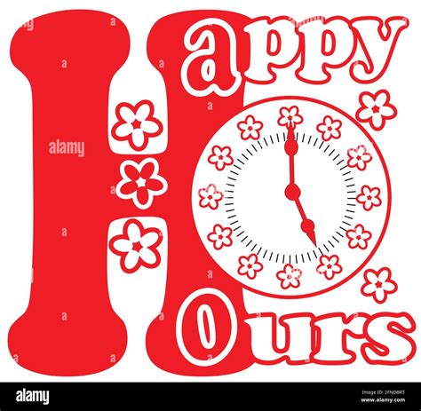 Happy Hours Pictogram In Red Color With Clock Face And Flowers On White