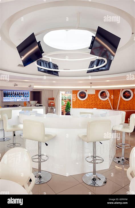 Interior Of A Modern Cafe Bar White Futuristic Furniture With
