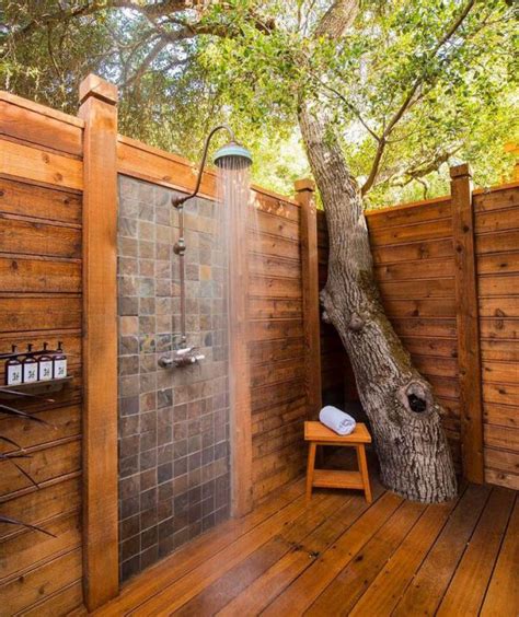 Refresh Outdoor Shower With Wood Elements In Nature Home Design And Interior