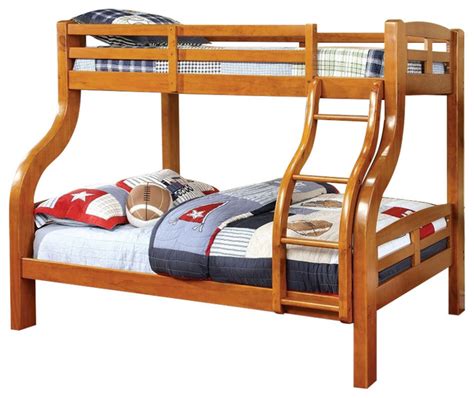 Solpine Twin Over Full Oak Finish Curved Wood Design Solid Wood Bunk