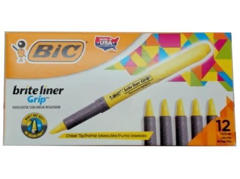 Highlighter Brite Liner Grip 12pk Yellow Chisel Tip Bic Or 079ea
