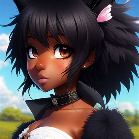 Afraid Crow244 Black Girl Dark Skin Anime Girl Black Fluffy Long Hair Black Fluffy Fox Tail