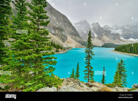 Beautiful Turquoise Waters Of Moraine Lake In Banff National Park