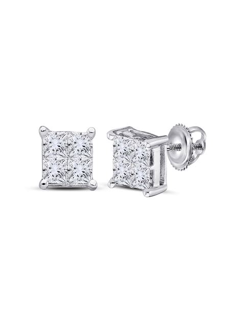 Solid 14k White Gold Princess Cut Diamond Square Cluster Stud Earrings