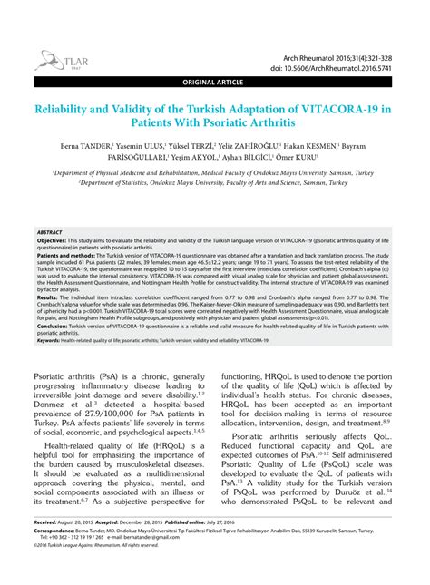 Pdf Reliability And Validity Of The Turkish Adaptation Of Vitacora 19