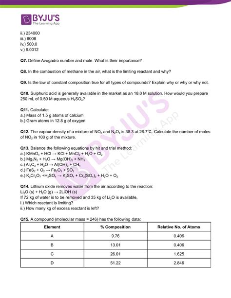 Class 11 Chemistry Worksheet On Chapter 1 Some Basic Concepts Of
