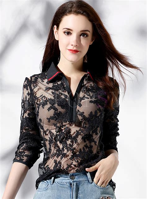 Tops Blouses Sexy Perspective Lace Lapel Blouse