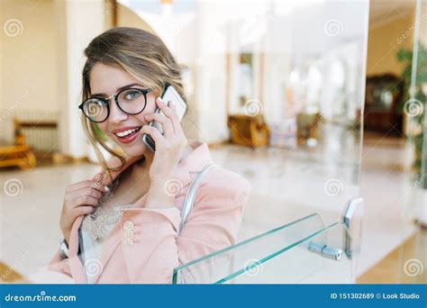 Pretty Business Woman Young Lady Smiling And Talking By Phone Looking To Camera Standing In