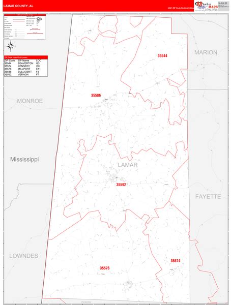 Lamar County Al Zip Code Wall Map Red Line Style By