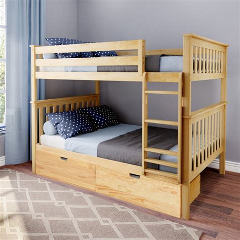 Max And Lily Kids Solid Wood Full Bunk Bed Storage Drawers