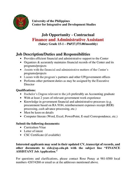 Job descriptions » finance » financial assistant job description. Job Opportunity - Finance and Administrative Assistant ...