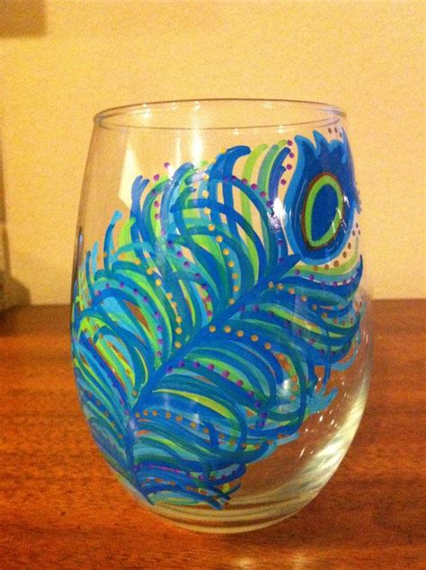 Hand Painted Peacock Feather Stemless Wine Glasses Set Of 2 Hand Painted Stemless Wine