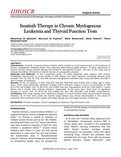 Pdf Imatinib Therapy In Chronic Myelogenous Leukemia And Thyroid