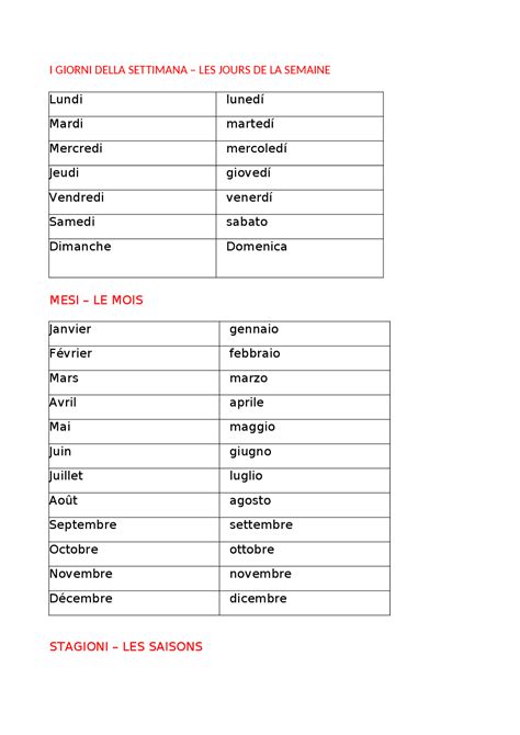 I Giorni Della Settimana I Mesi E Le Stagioni In Francese Schemi E