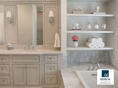 Shiloh Cabinetry In Repose Grey With Open Shelving Above Tub Geneva