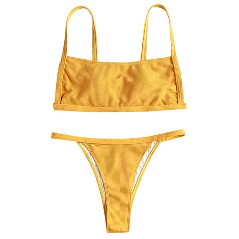 Zaful Ribbed Textured Swimsuit Brazilian Thong Bikini Sexy Women