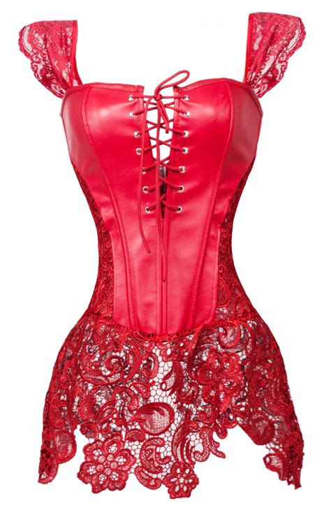 steampunk sexy red faux leather long lace embellished corset with lace skirt christmas corset n10615