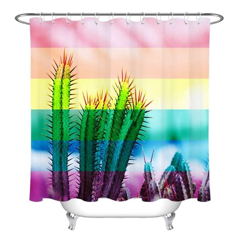 Lb Abstract Rainbow Striped Tropical Cactus Shower Curtain Waterproof