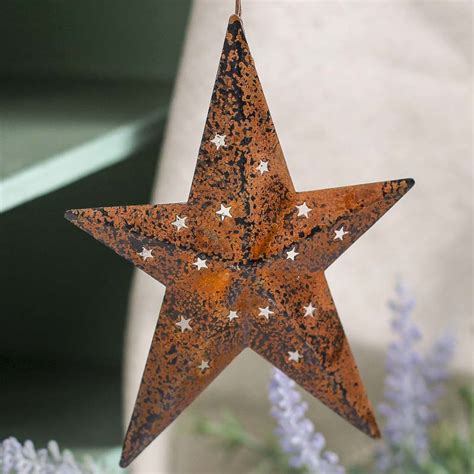Rusted Metal Star Ornaments With Star Cutouts With Wire Hanger Set Of