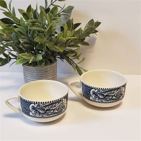 Royal China Set Of 2 Currier And Ives Blue And White Tea Cups Etsy