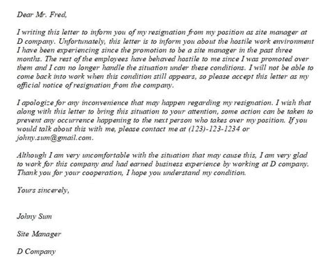 Editable Resignation Letter Due To Work Hostile Environment And Its