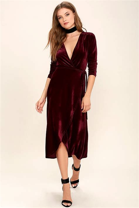 Stunning Burgundy Dress Velvet Dress Wrap Dress Midi Dress 74