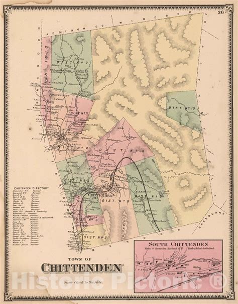 Historic Map 1869 Chittenden Rutland County Vermont South Chitten